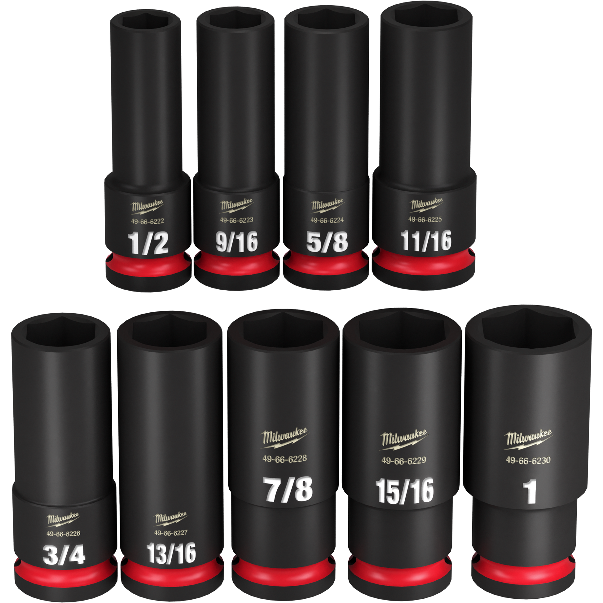 Set of black impact duty deep 6-point sockets in various sizes for hand tools and woodworking tool sets under $100 collection