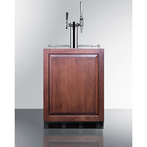 Built-in coffee kegerator with wooden front panel and dual stainless steel tap system in kitchen appliances collection