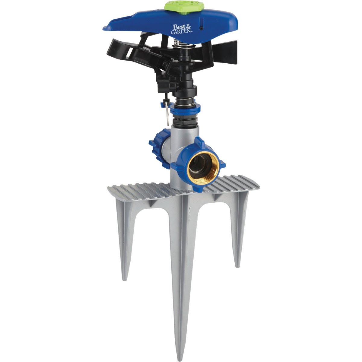 Poly and metal garden sprinkler with triple spike base for stable outdoor lawn watering and home improvement use
