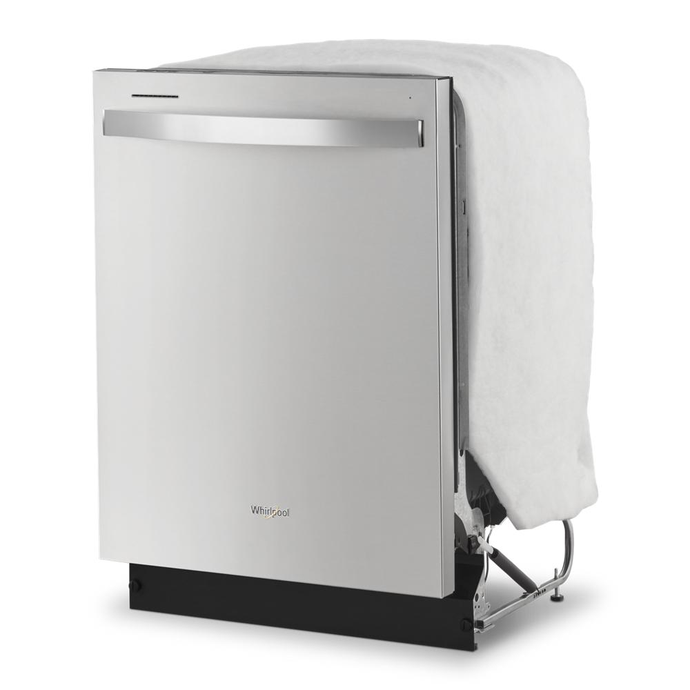 Stainless steel dishwasher from appliances collection shown partially installed with insulation wrapping visible