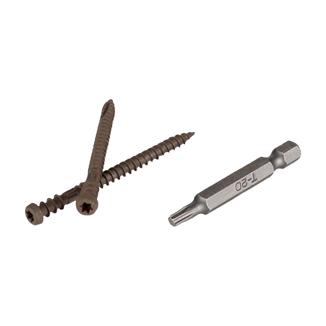 Walnut-colored screws with star drive heads and compatible screwdriver bit for home improvement projects