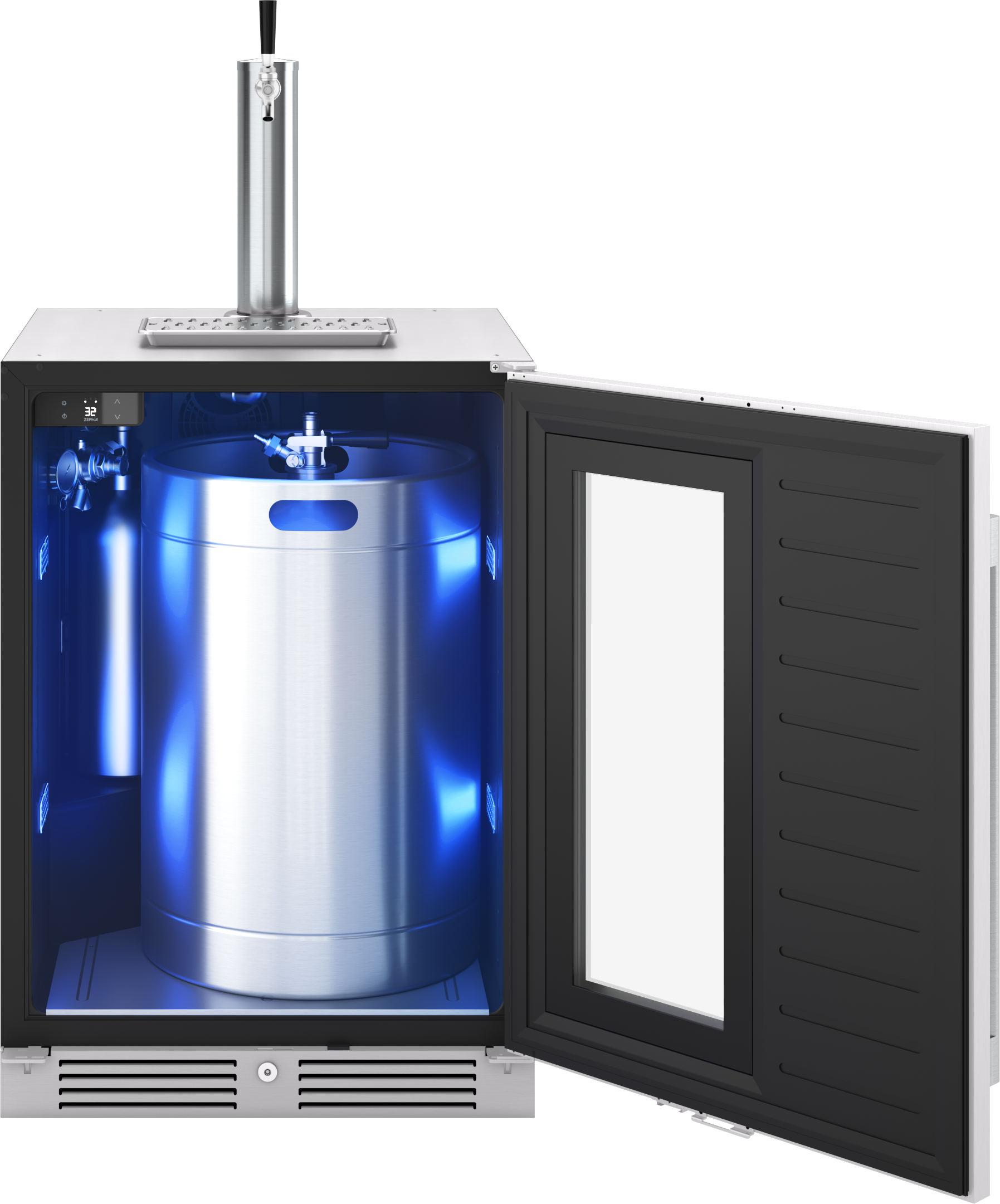 Open stainless steel beverage cooler with keg inside and tap tower on top in kitchen appliance setting