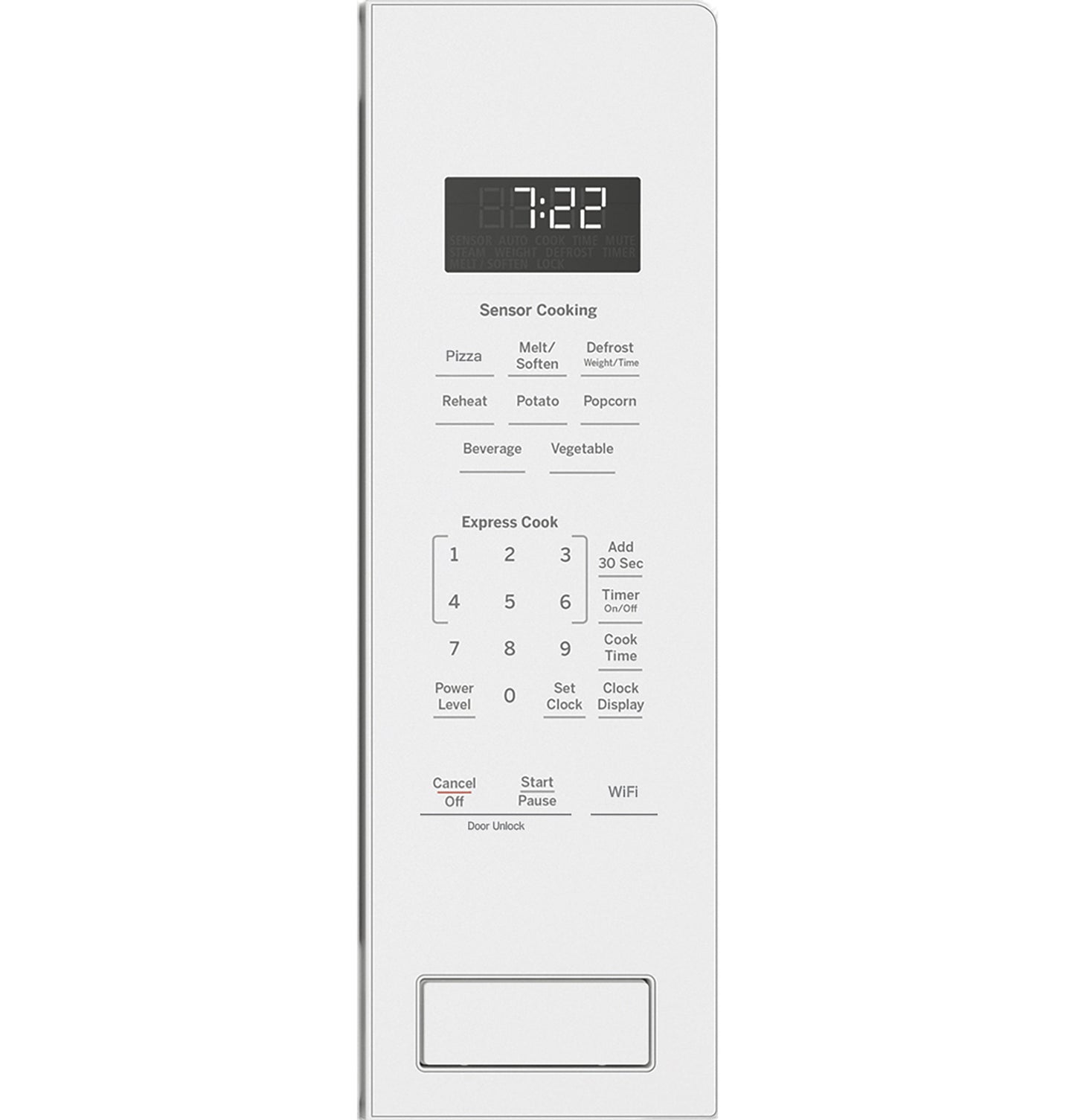 White control panel of built-in microwave oven with digital clock and sensor cooking presets in kitchen appliances collection
