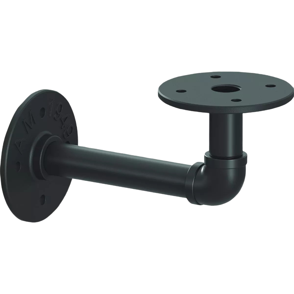 Black metal elbow pipe bracket designed for mounting shelves in home improvement projects and interior decor.