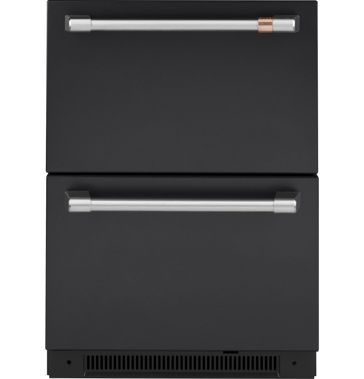 Built-in dual-drawer refrigerator with matte black finish and modern horizontal handles in kitchen appliances collection