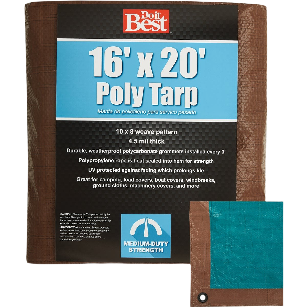 Brown and green medium-duty poly tarp with reinforced edges and grommets for home improvement and outdoor use