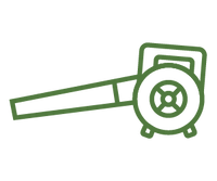 Green line art of a handheld leaf blower with a circular motor housing and a long nozzle, representing outdoor home improvement tools.