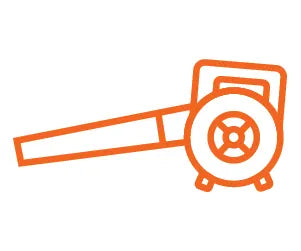 Orange line art of a handheld leaf blower with a circular motor housing and a long nozzle, representing garden tools and home improvement.