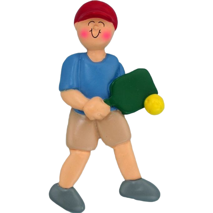 Cheerful male figurine in red cap and blue shirt holding green paddle and yellow ball from Christmas Ornaments collection under $50