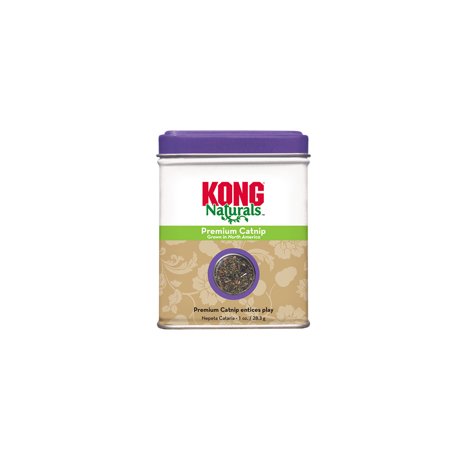 Container of premium natural catnip with clear window showing dried herb for pet enrichment and play