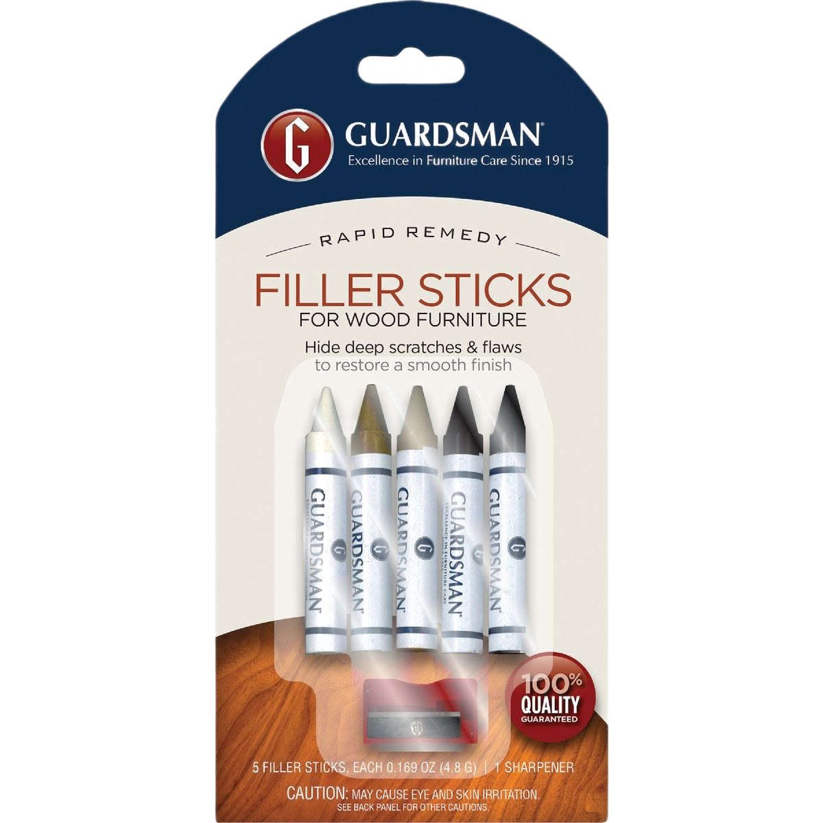 Set of five wood furniture filler sticks in various shades with a sharpener for home improvement use