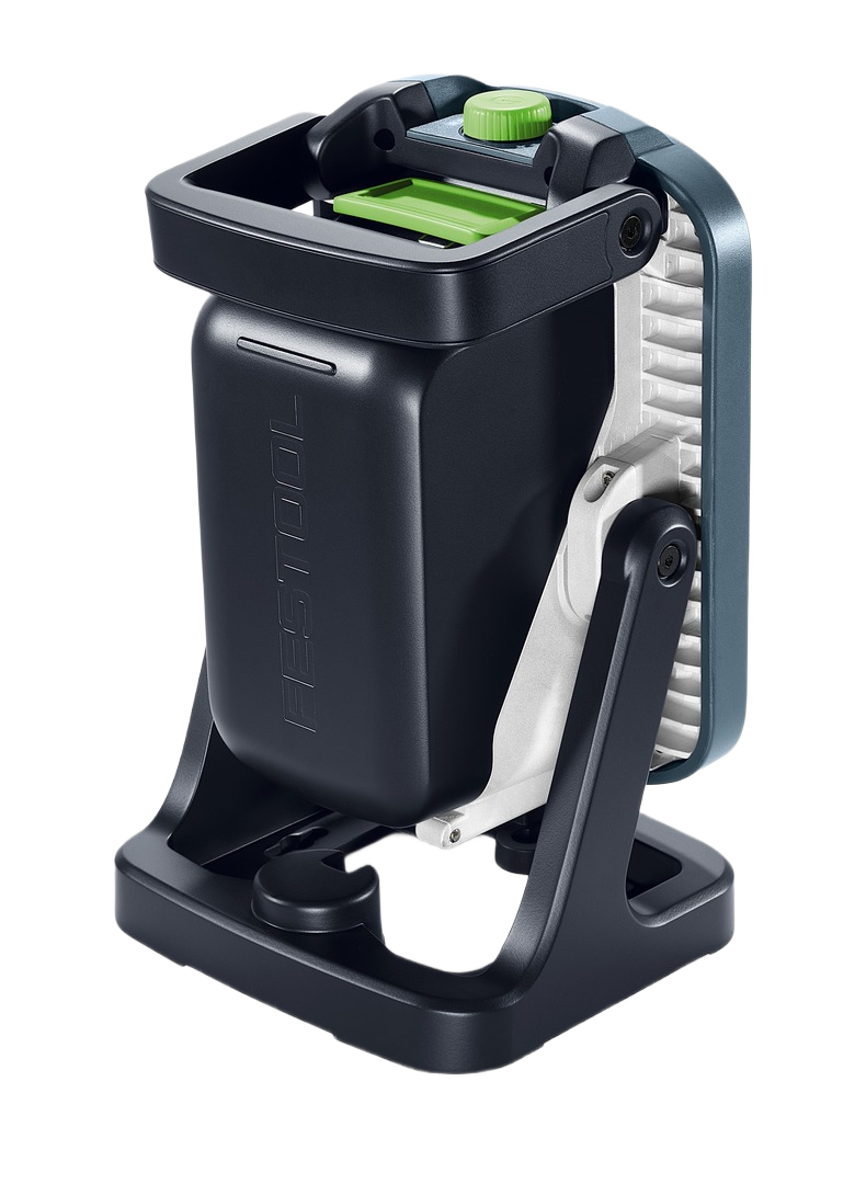 Compact cordless site light with adjustable bracket and green control knob for versatile work lighting in Festool Syslites collection