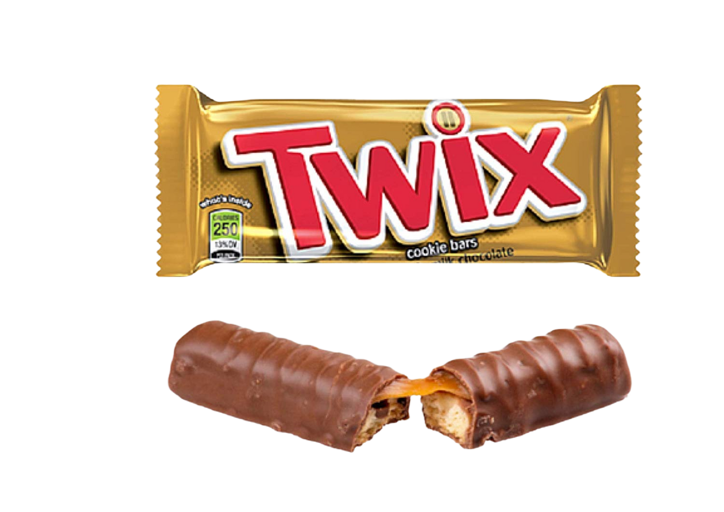 Golden wrapped Twix candy bar with caramel-filled milk chocolate cookie bar broken in half for candy collection under $25