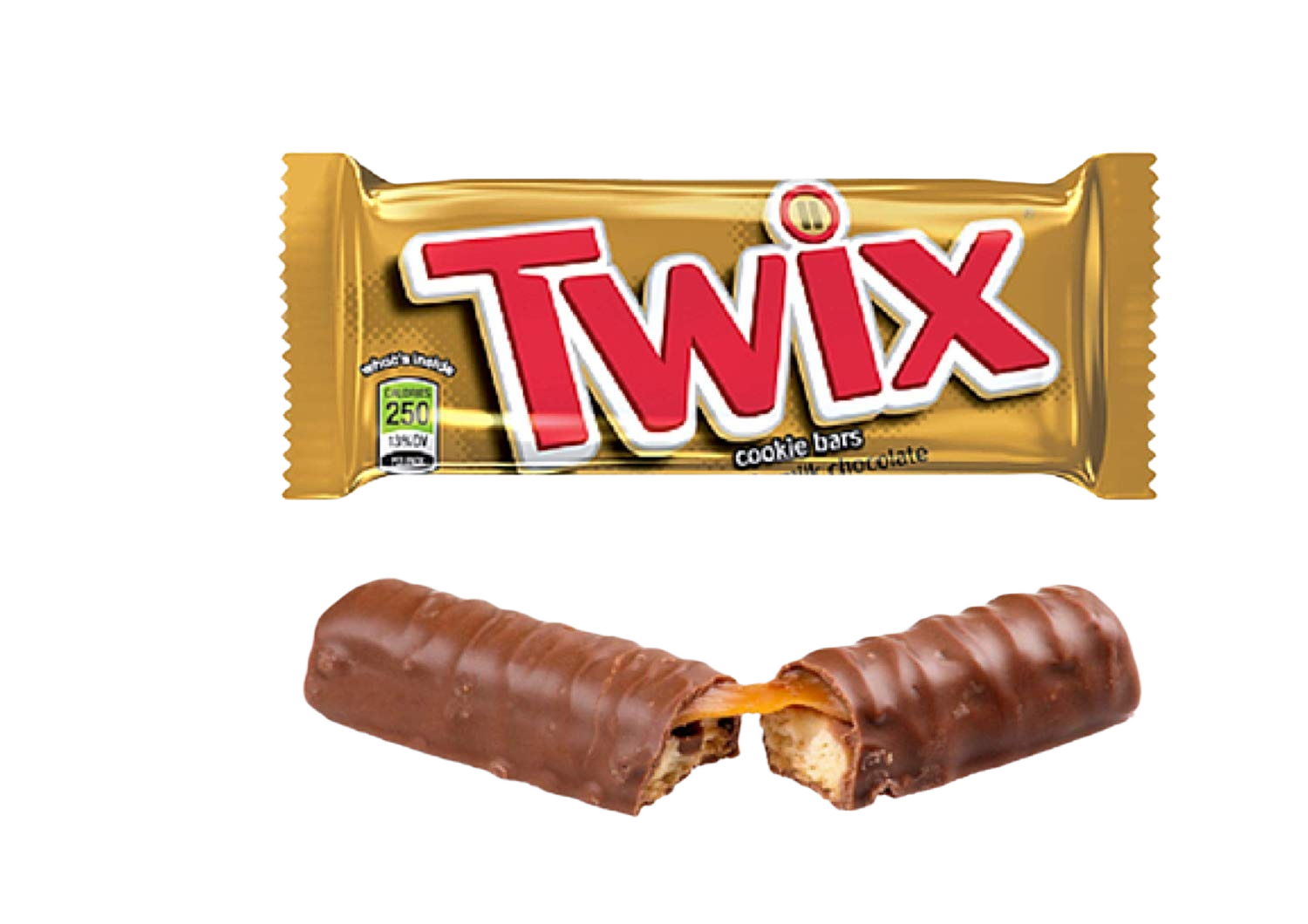 Golden wrapped Twix candy bar with caramel-filled milk chocolate cookie bar broken in half for candy collection under $25