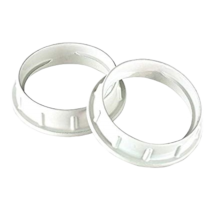Two silver aluminum threaded socket rings for medium base sockets used in tools and home improvement projects