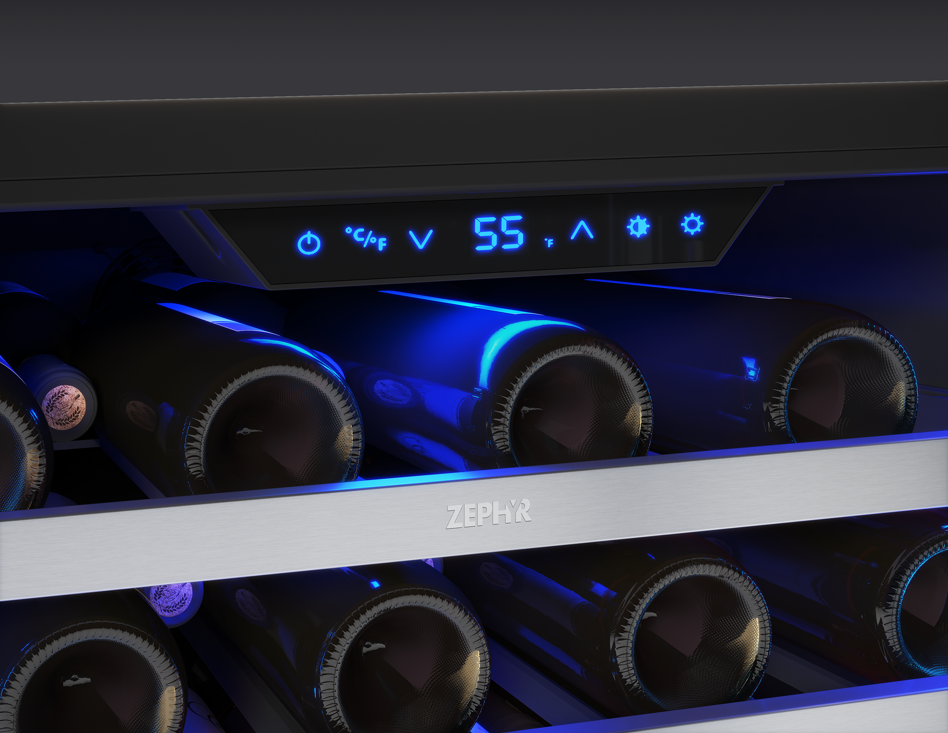 Close-up of beverage center cooler with blue LED temperature display and full-extension wood racks holding wine bottles