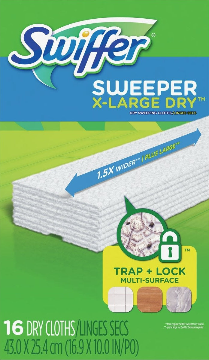 Stack of extra-large dry sweeping cloths with graphic highlighting multi-surface trap and lock feature in cleaning tools collection