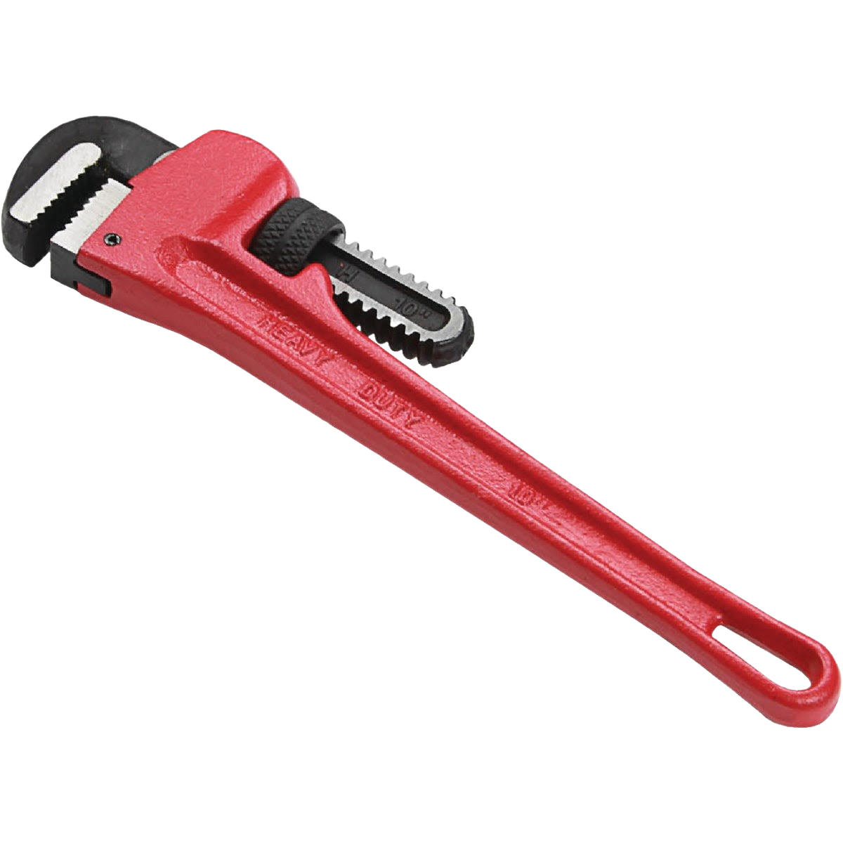 Heavy-duty pipe wrench with red malleable cast iron handle and black carbon steel jaw for plumbing and home improvement tasks