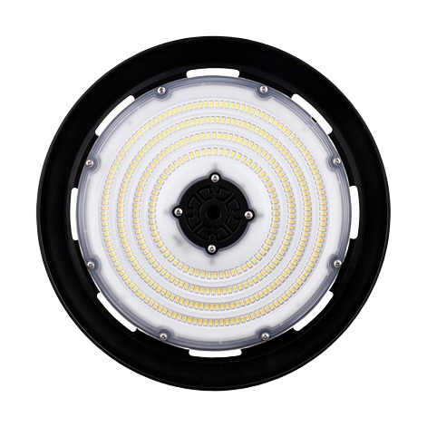 Round black LED high bay light with multiple LED chips arranged in concentric circles for industrial lighting collections