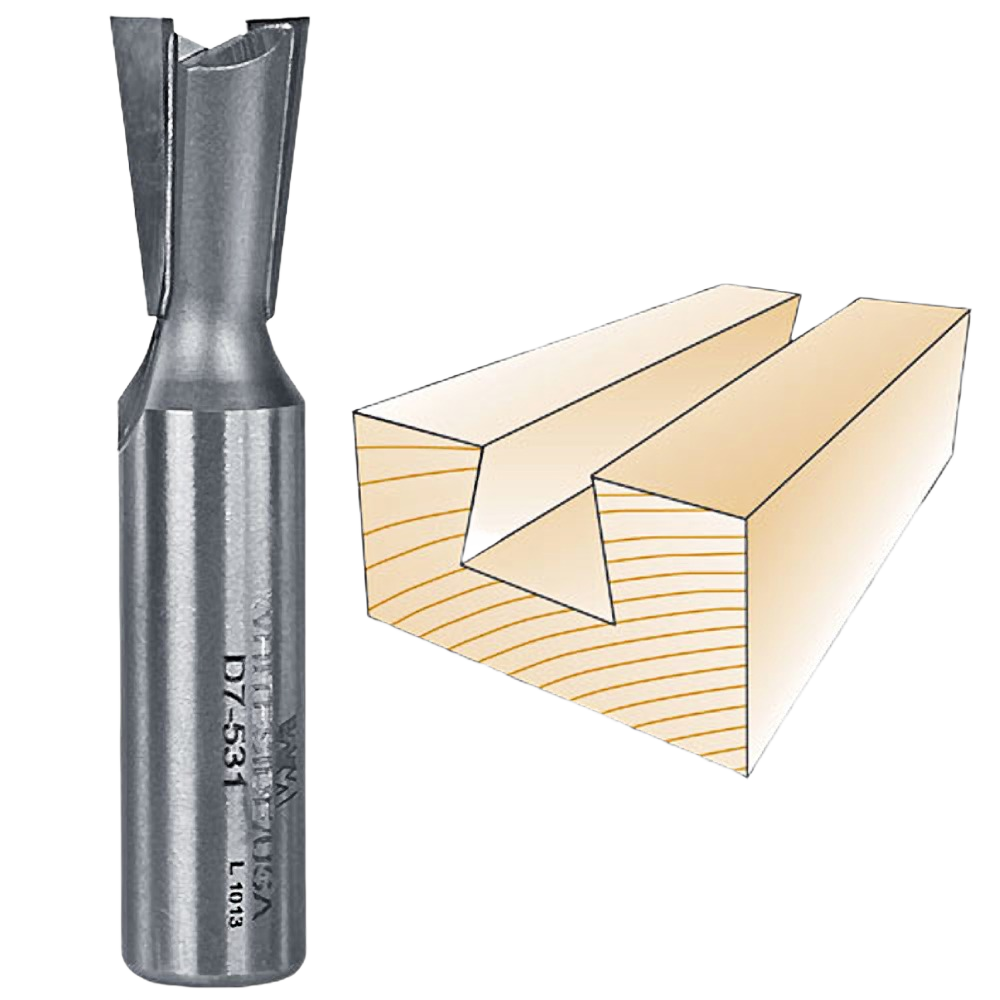 Carbide-tipped dovetail router bit next to wood joint cut, for tool accessories and home improvement projects