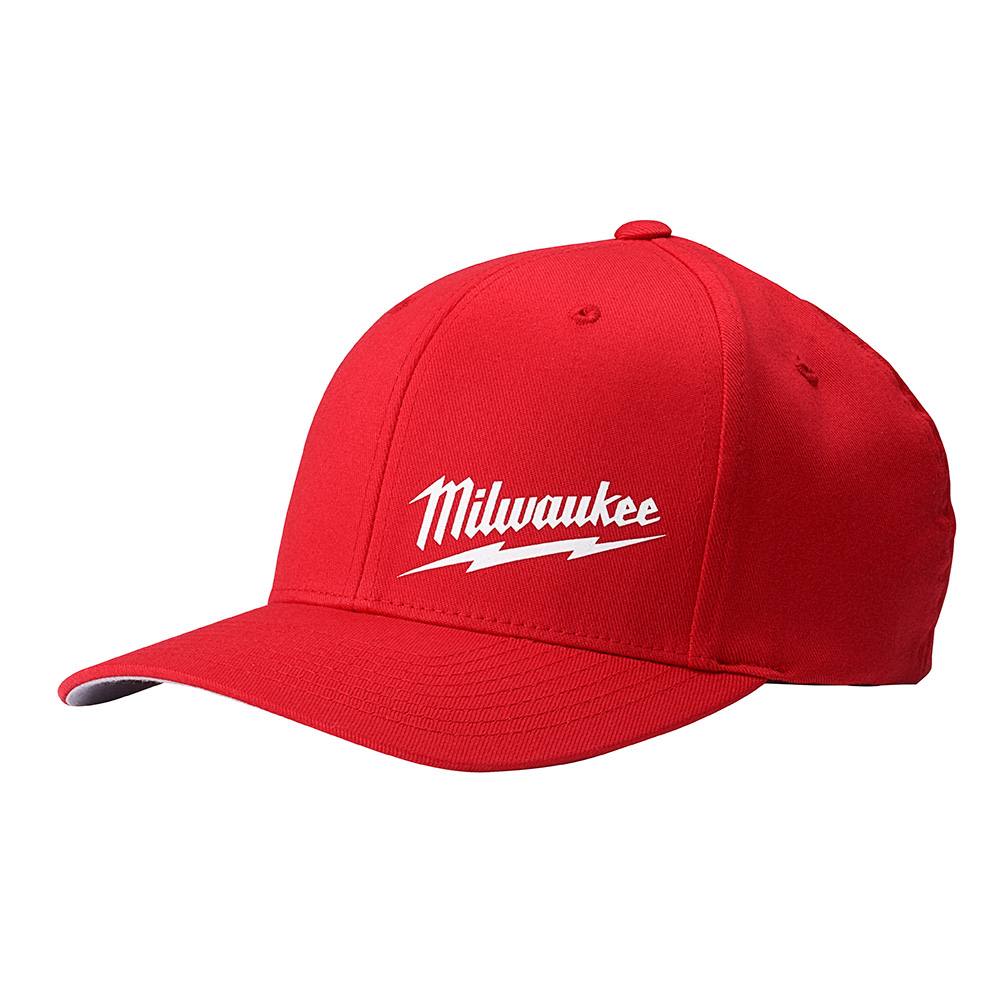 Red fitted cap featuring white Milwaukee logo embroidery with structured crown and curved brim for casual wear