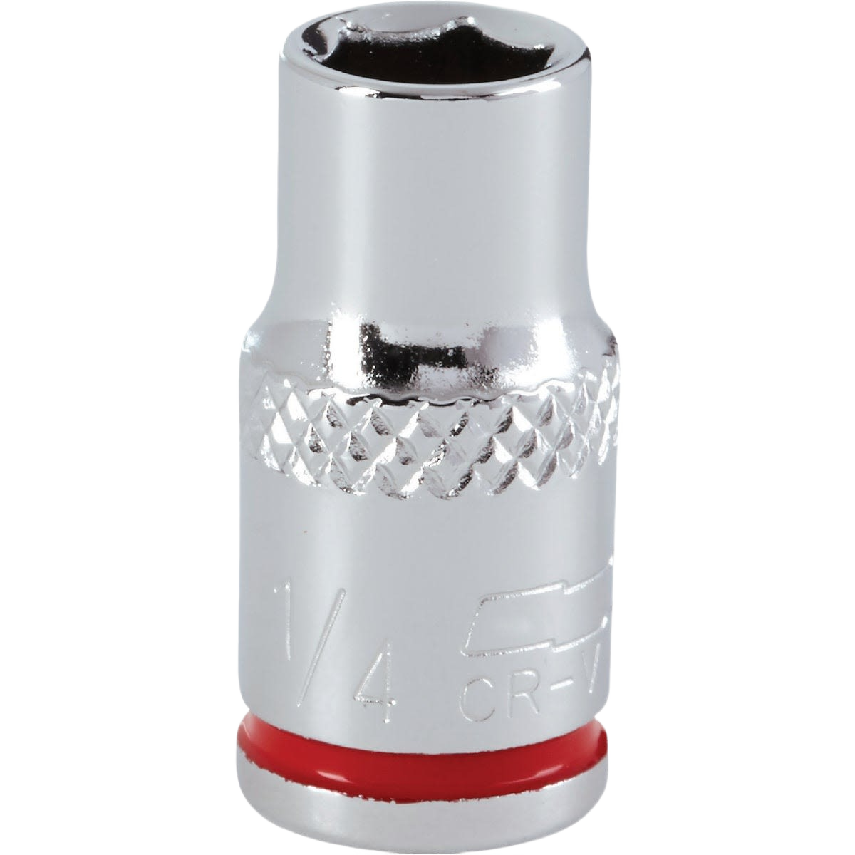 Chrome-finished 1/4 inch 6-point shallow socket with textured grip for hand tools and woodworking collections under $50
