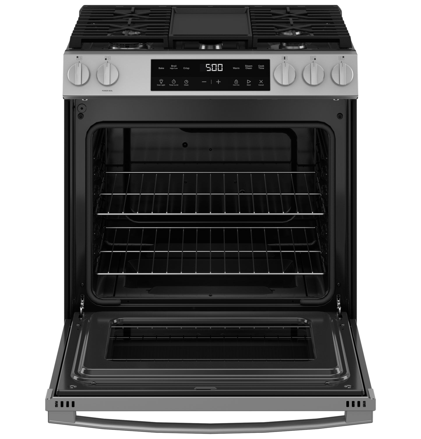 Open stainless steel slide-in gas range with front control panel and digital display in Ranges and Kitchen & Kitchenware collections