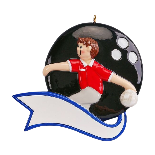 Boy figurine in red shirt bowling with black ball background Christmas ornament under $50 for tree décor