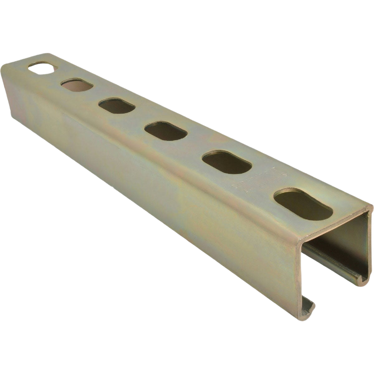 Galvanized metal strut channel with evenly spaced rectangular holes for structural and home improvement support applications