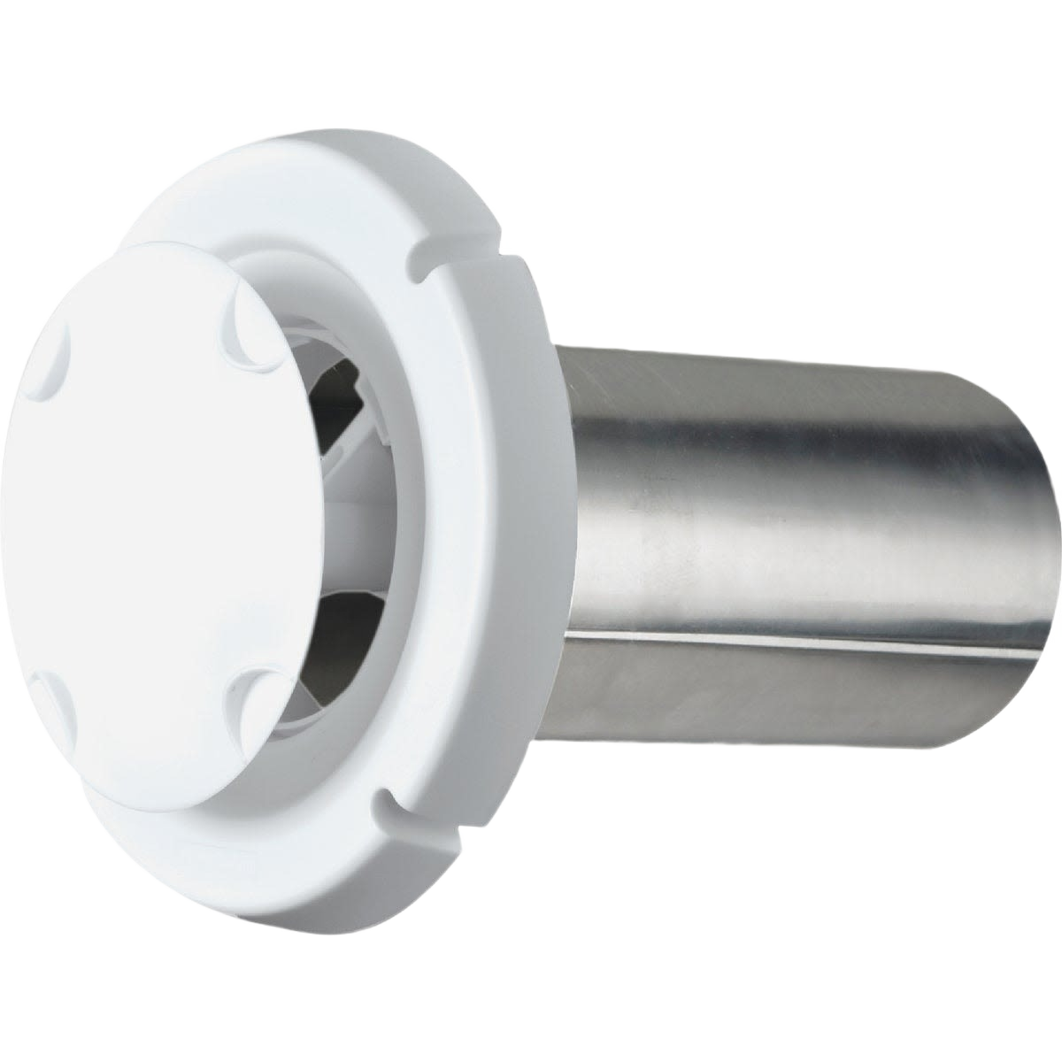 White and stainless steel dryer vent hood with a protective grill for home improvement and ventilation projects