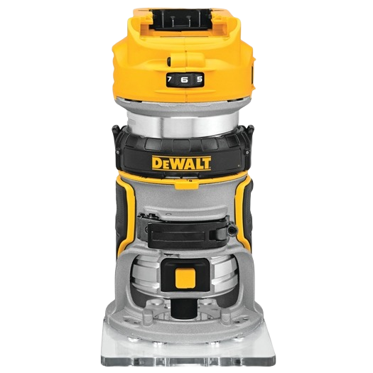 Compact yellow and black cordless router with adjustable depth dial and durable base for woodworking tools and home improvement tasks