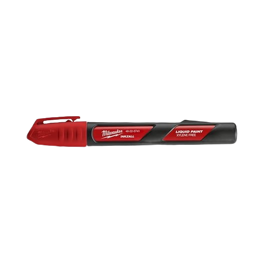 Red liquid paint marker with durable acrylic nib for marking on tough surfaces in woodworking and hand tools collections