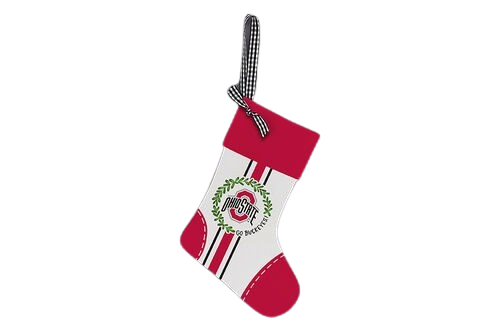 Red and white decorative wood stocking ornament with Ohio State emblem and checkered hanging loop for seasonal decor