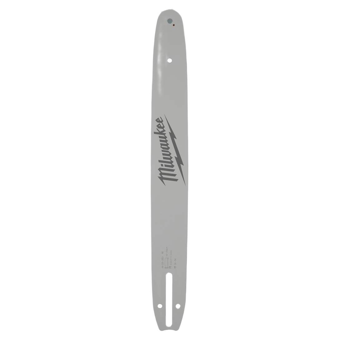 Gray 16-inch Milwaukee chainsaw guide bar with mounting holes for replacement parts in tools and home improvement tasks