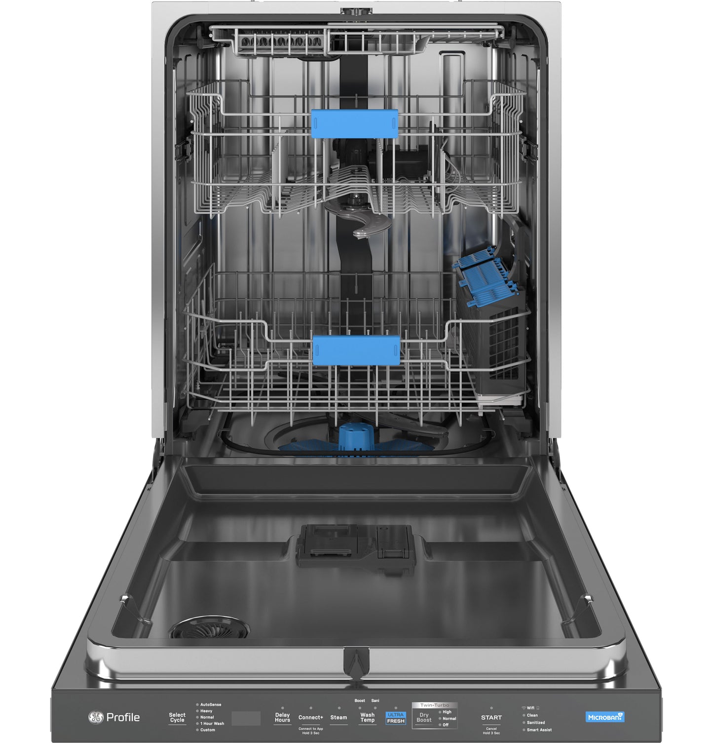 Open stainless steel dishwasher interior with three racks including a deep clean third rack in kitchen appliances collection