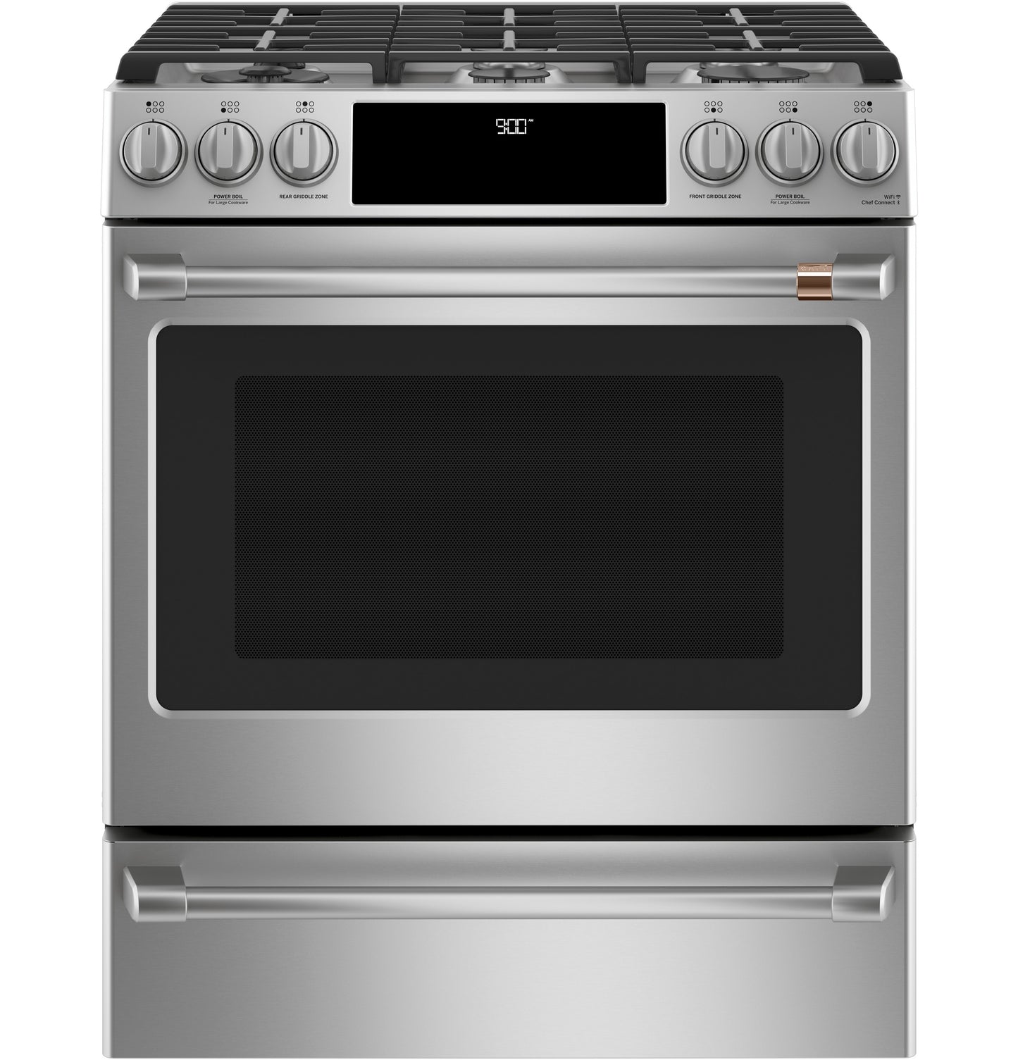 Stainless steel dual-fuel range with front control knobs, digital display, gas cooktop, and warming drawer in Kitchen & Kitchenware collection