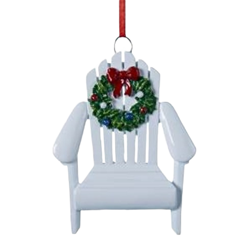 White Adirondack chair ornament featuring a festive green wreath with red bow for seasonal decoration and gifting