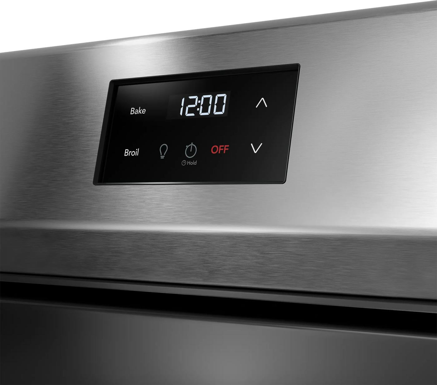 Close-up of digital control panel with clock display on stainless steel gas range in Ranges and Kitchenware collections