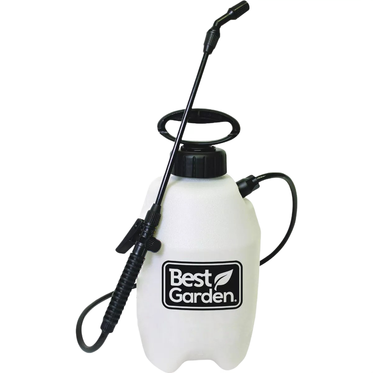 White plastic tank sprayer with black pump handle, hose, and adjustable nozzle for garden and home tasks