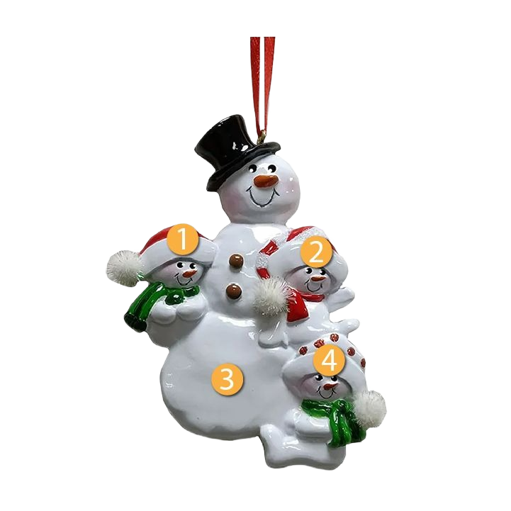 Ceramic snowman family ornament with two children in scarves and hats, festive winter holiday decoration