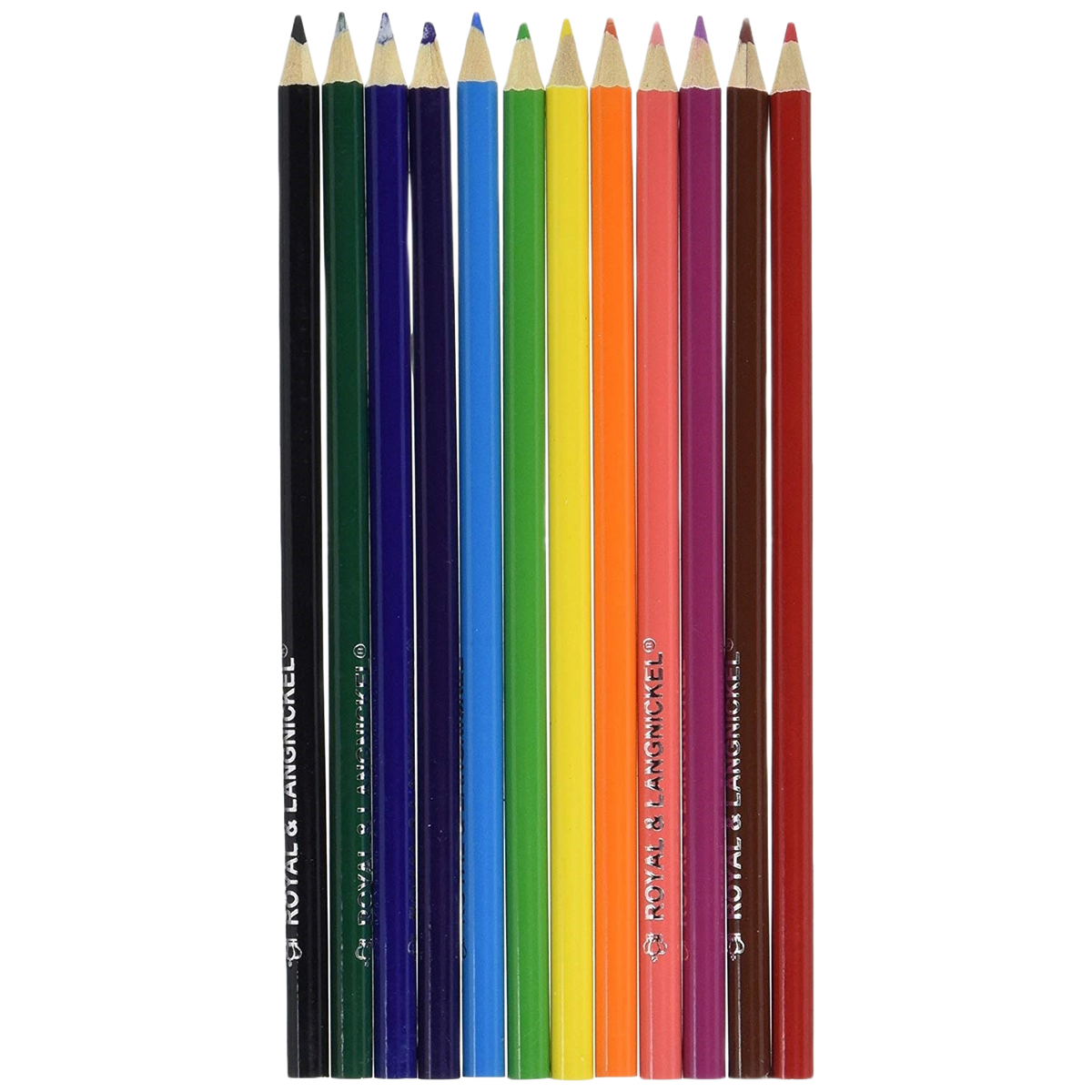 Set of twelve vibrant watercolor pencils arranged in a row with sharpened tips and smooth wooden barrels