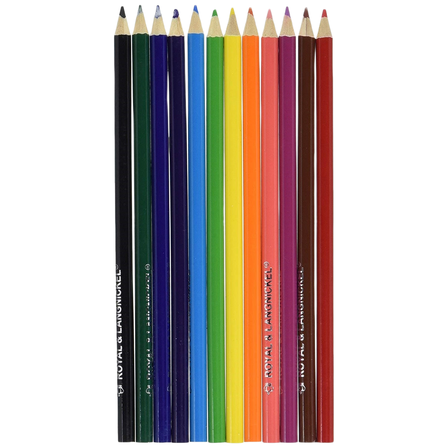 Set of twelve vibrant watercolor pencils arranged in a row with sharpened tips and smooth wooden barrels