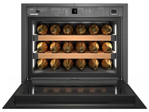 Built-in wine storage cabinet with digital controls, black steel frame, wooden racks, and interior lighting in appliances collection