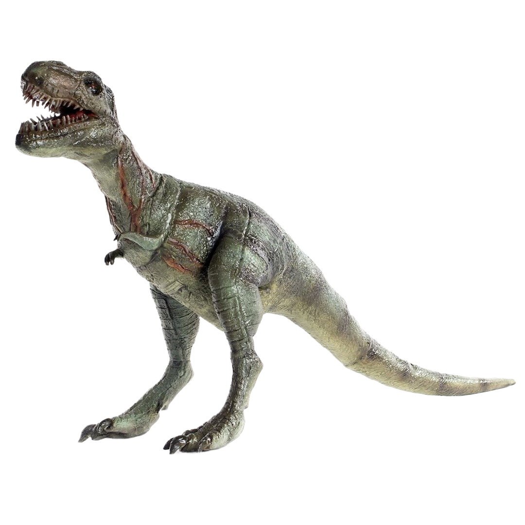 Realistic green Tyrannosaurus rex figurine with detailed texture and open mouth displaying sharp teeth