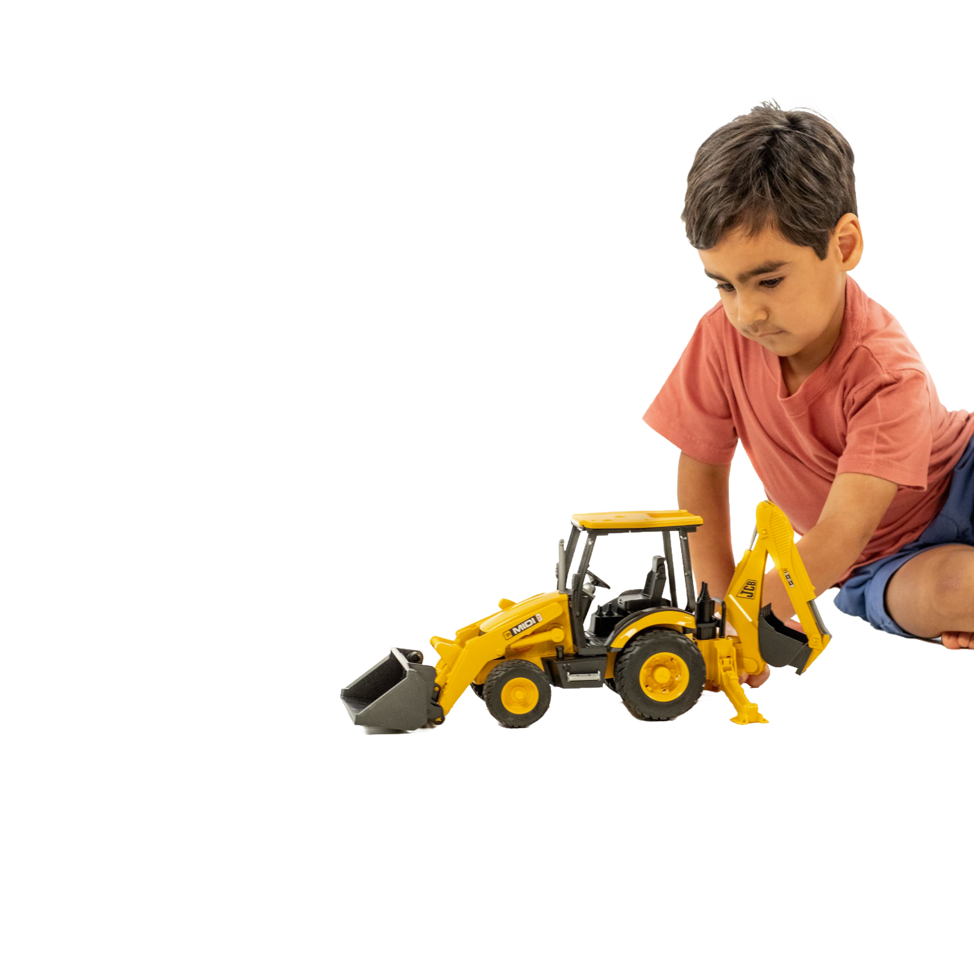 Child playing with yellow and black JCB backhoe loader toy from Bruder Toys in Vehicles & Remote Controlled Toys collection