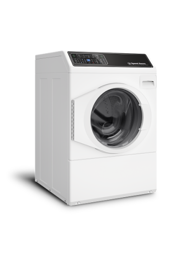 White front load washer with left-hinged door and digital display in washers and appliances collection