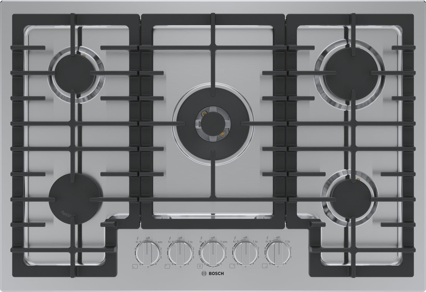Stainless steel 30-inch gas cooktop with five burners and control knobs from Bosch kitchen appliances collection