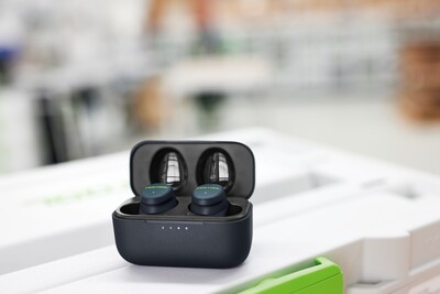 Black cordless Bluetooth earplugs in compact charging case for hearing protection in hardware and safety use