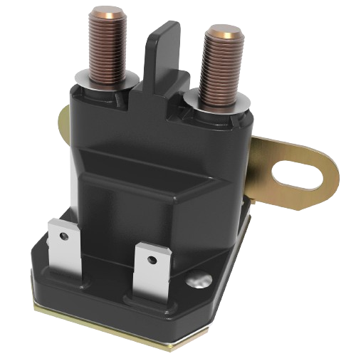 Black and metal solenoid with dual copper terminals and mounting bracket for automotive and mechanic tool applications