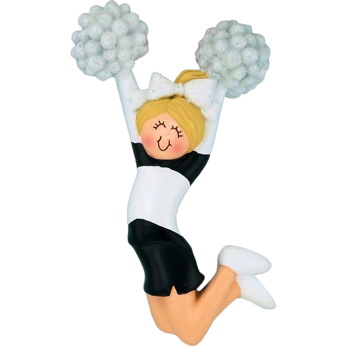 Blonde cheerleader ornament in black and white uniform with pom-poms for Christmas Ornaments & Tree Decorations under $50